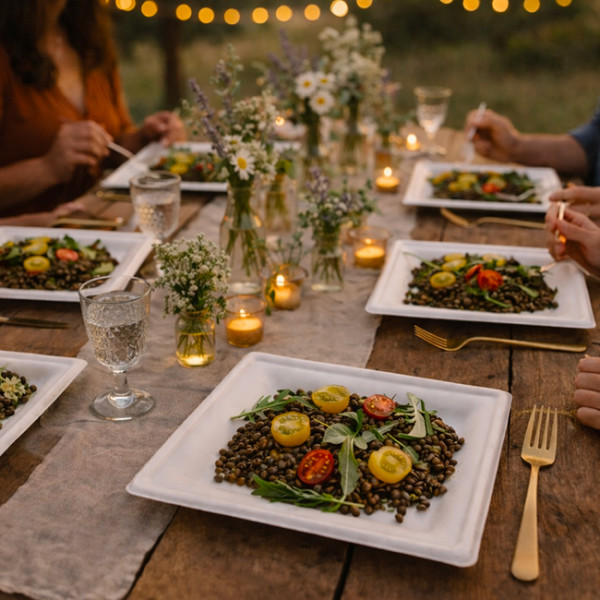 Repas entre amis en extérieur assiette en carré avec des lentilles