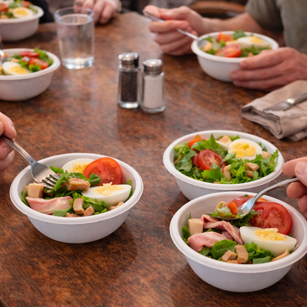 Repas entre ami avec salade dans des bols en fibres