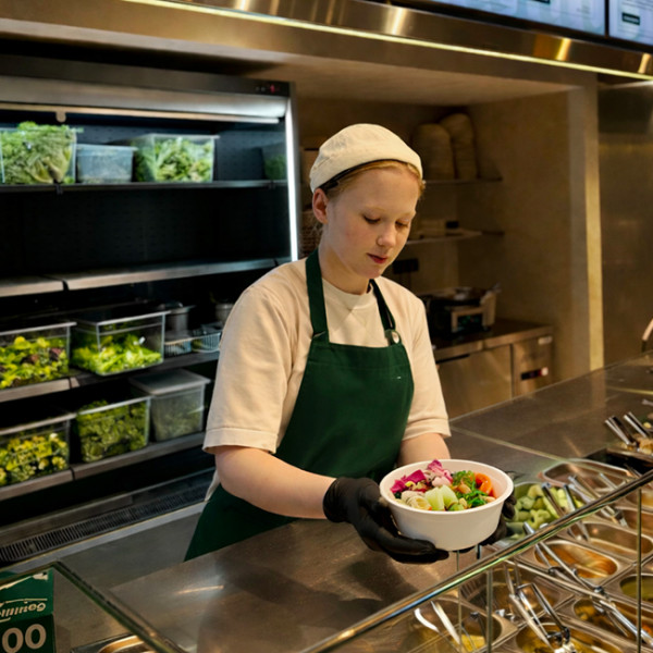 Salad bar, préparation salade dans un bol en fibre