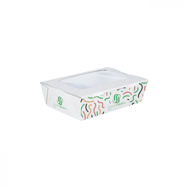 Boîte à salade rectangulaire personnalisée en carton avec couvercle à fenêtre 700 mL - Impression jusqu'à 4 couleurs