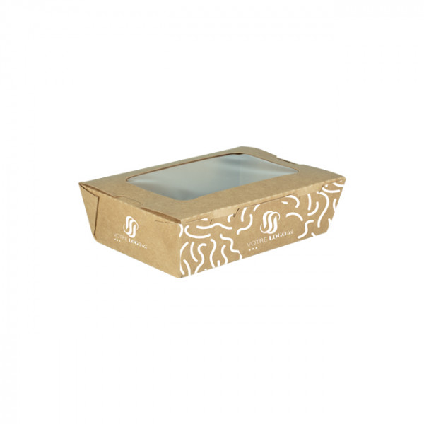Boîte à salade rectangulaire personnalisée en carton avec couvercle à fenêtre 900 mL - Impression jusqu'à 4 couleurs