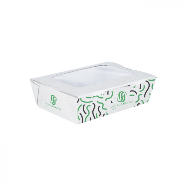 Boîte à salade rectangulaire personnalisée en carton avec couvercle à fenêtre 1200 mL - Impression jusqu'à 4 couleurs