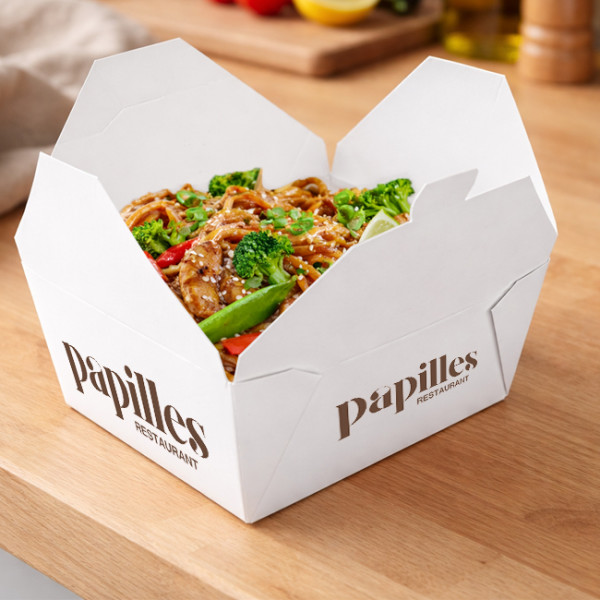 Boîtes en carton blanc personnalisées avec fermeture intégrée avec repas pour emporter