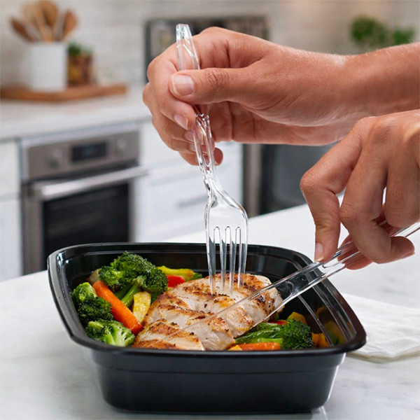 personne qui mange avec un couteau et une fourchette en plastique son repas à emporter