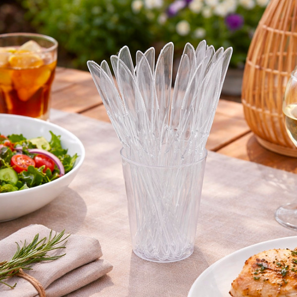 Pot de couteau en plastique sur table de pique nique