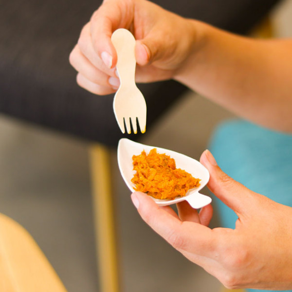 mini spork bois 8cm, couverts bois, contenants alimentaires PET transparent 260mL, fibres végétales 500mL.