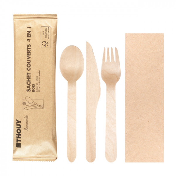 Sachet couverts en bois écologique 4 en 1