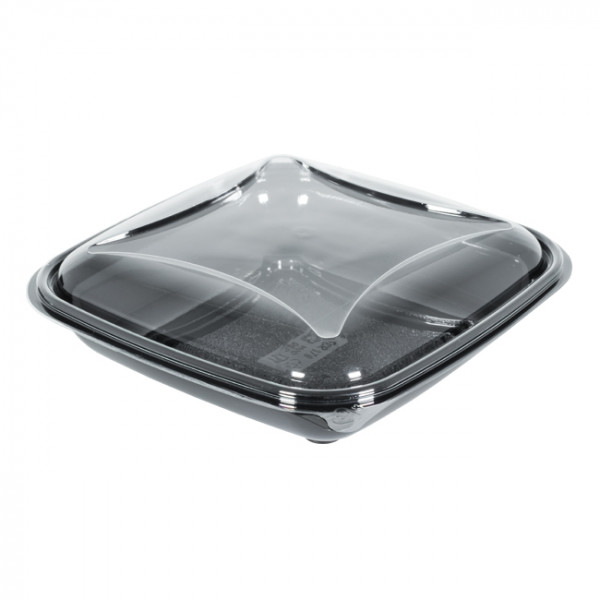 Boîte à salade carrée noire avec couvercle PET de 750 mL - Crudipack