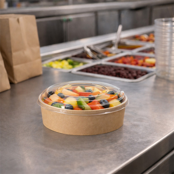 Boîte ronde carton kraft avec couvercle pour salade de fruits à emporter
