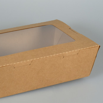 Boîte à salade rectangulaire en carton kraft et couvercle à fenêtre 2100 mL