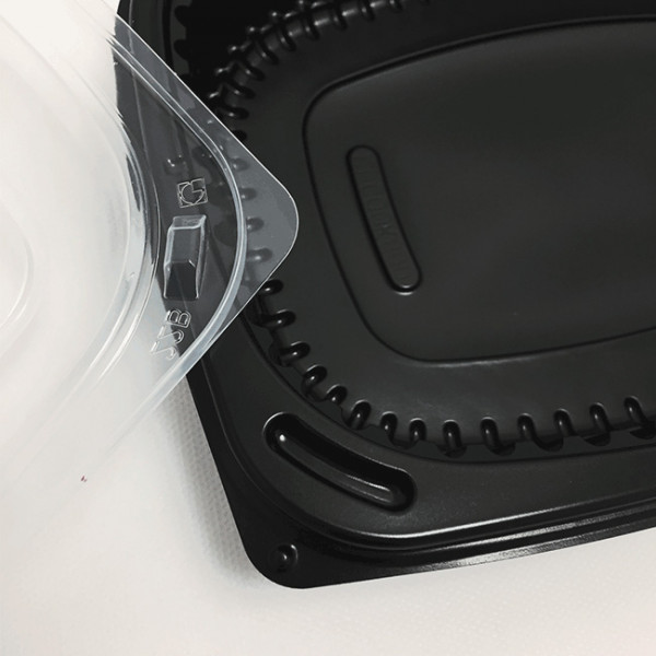 Boîte repas rectangulaire noire couvercle PP Cookipack 800 mL Barquettes boîtes pots bols en PP noires Cookipack 600 mL.