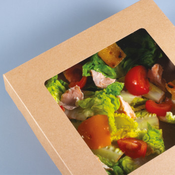 Boîte à salade carrée en carton kraft et couvercle à fenêtre 19 cm