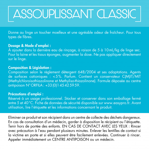 Mode d'emploi assouplissant adoucissant classic Easypro 20 kg