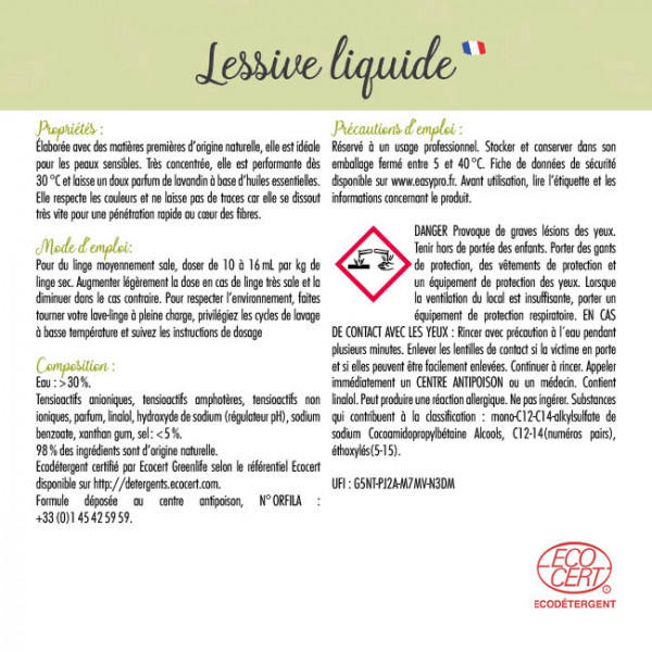 Lessive certifiée Ecocert et d'origine végétale pour professionnels