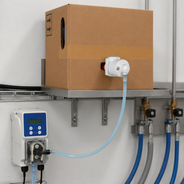 Outil pour connecter un BIB de lessive à une pompe doseuse