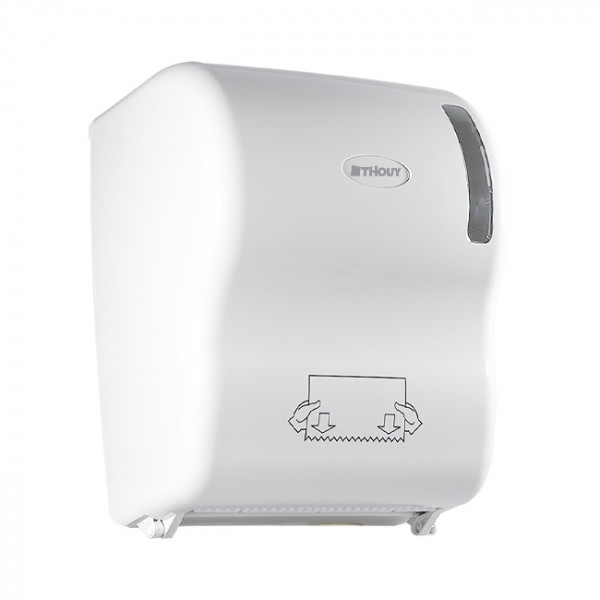Distributeur automatique d'essuie-mains en bobines blanc.