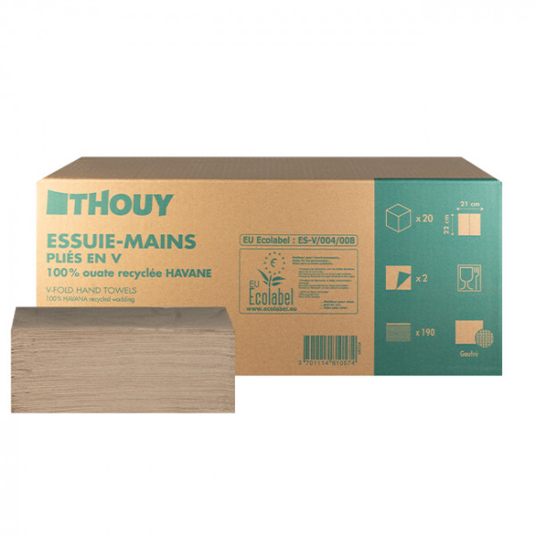 Essuie-mains enchevêtré 2 plis - Ouate recyclée havane - Paquets de 190 feuilles - Pliés V
