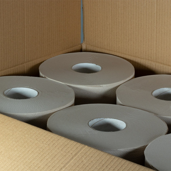 Carton de rouleaux de papier toilette pour distribution feuille à feuille écologique et Ecolabel