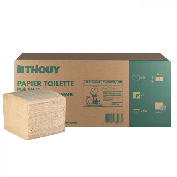 Papier toilette 2 plis - Ouate recyclée havane - Paquets de 210 feuilles pliées