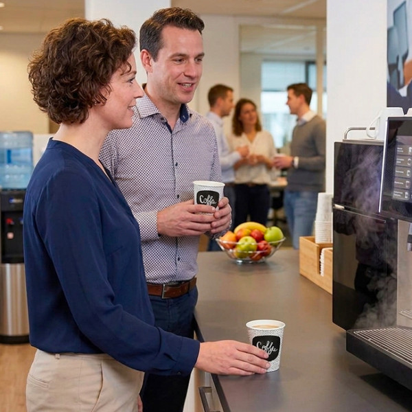 Pause café entre personne avec gobelet en carton décoré