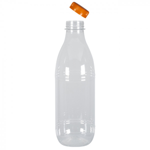 Bouteille féria plastique 1L avec capsule à vis, orange, accompagnée de 4 gobelets et accessoires réutilisables.