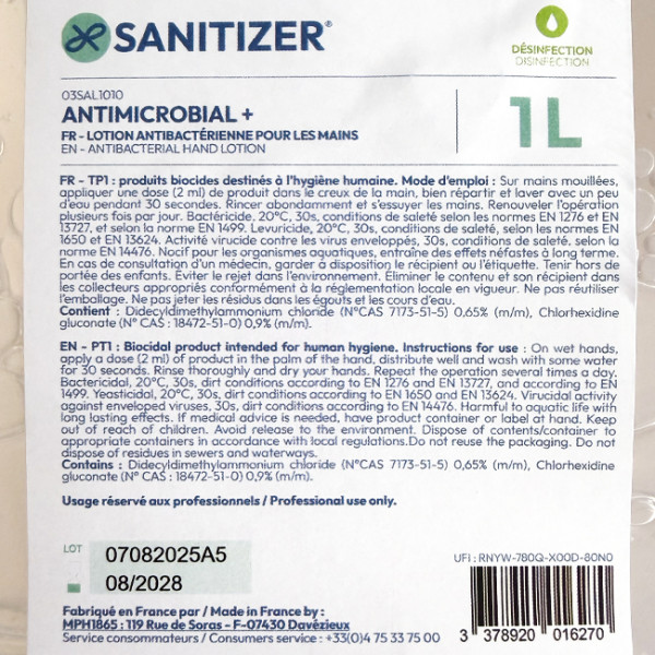 Mode d'emploi Sanitizer savon mains désinfectant virucide cartouche 1 L