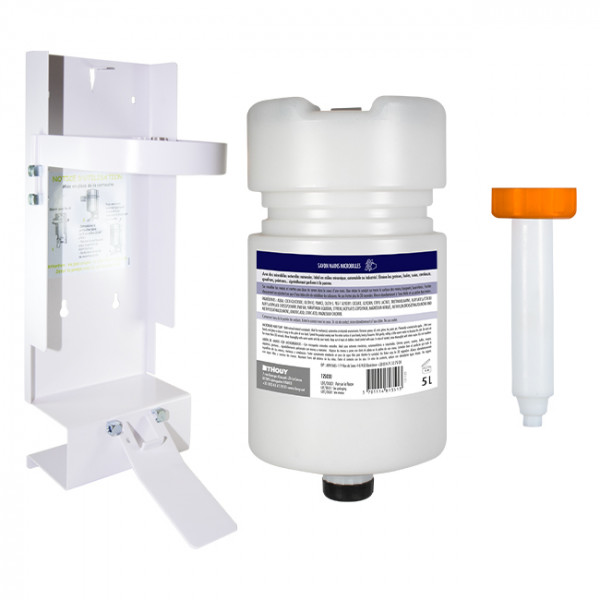 Kit savon mains microbilles complet : savon 5 L + tétine + distributeur