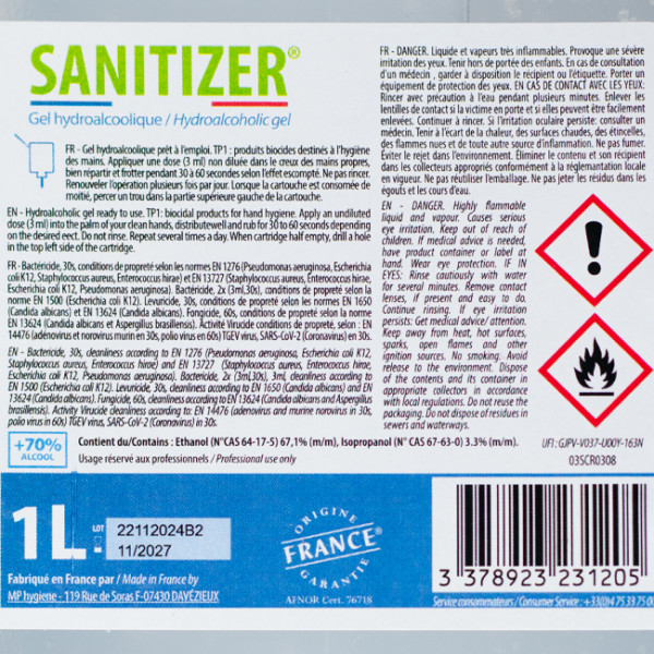 Étiquette gel hydroalcoolique en recharge de 1 L Sanitizer