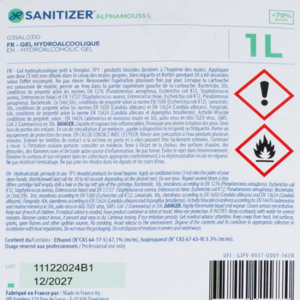 Cartouche gel hydroalcoolique pour distributeur Alphamouss L