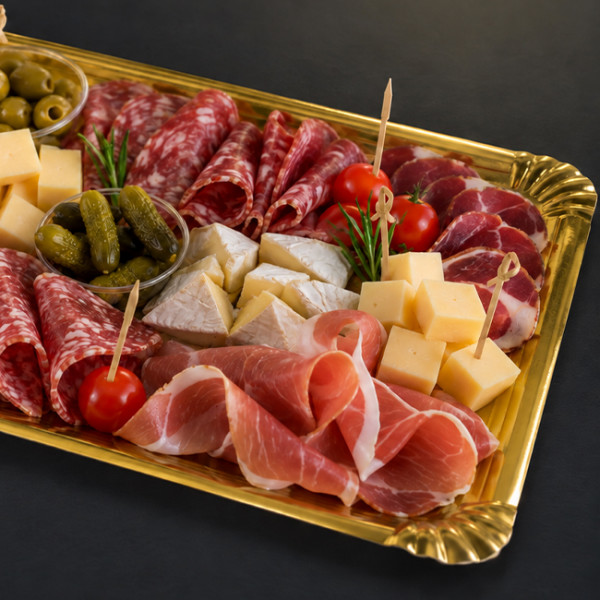 Plateau traiteur en carton or pour buffet et plateau de charcuterie