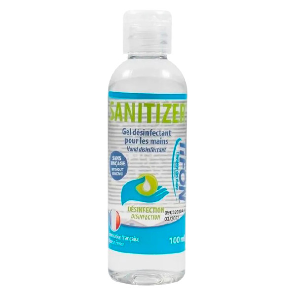 Gel hydroalcoolique 100 mL pour la désinfection des mains sans rinçage, flacon compact avec bouchon clapet et solution à plus de 70 % d’alcool