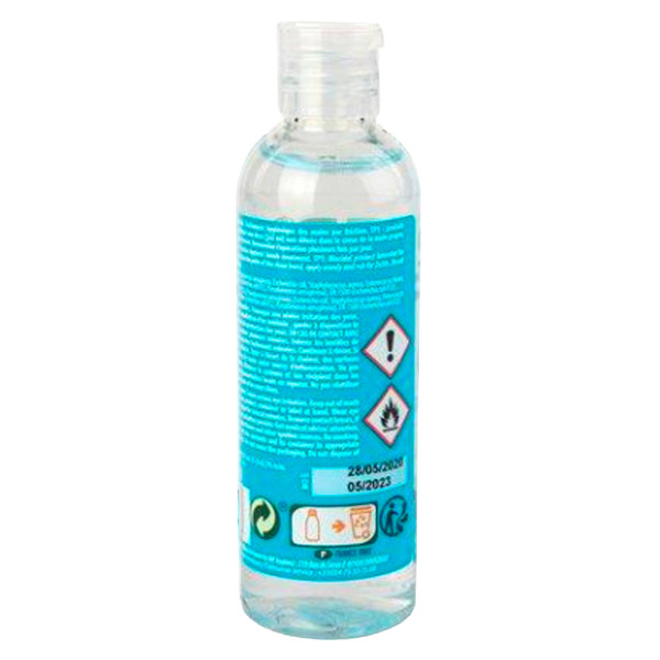 Dos du flacon de gel hydroalcoolique 100 mL avec étiquette présentant les informations d’utilisation et de sécurité du désinfectant pour les mains