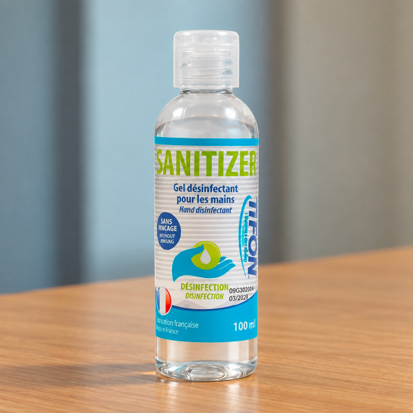 Gel hydroalcoolique 100 mL avec bouchon clapet, solution désinfectante pour l’hygiène des mains sans eau, sans rinçage et sans essuyage
