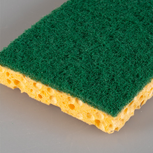 Éponge verte abrasive & lavette. Petit format.