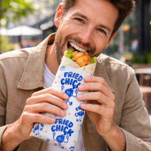 Homme qui mange wrap emballer dans un papier ingraissable personnalisé de fastfood