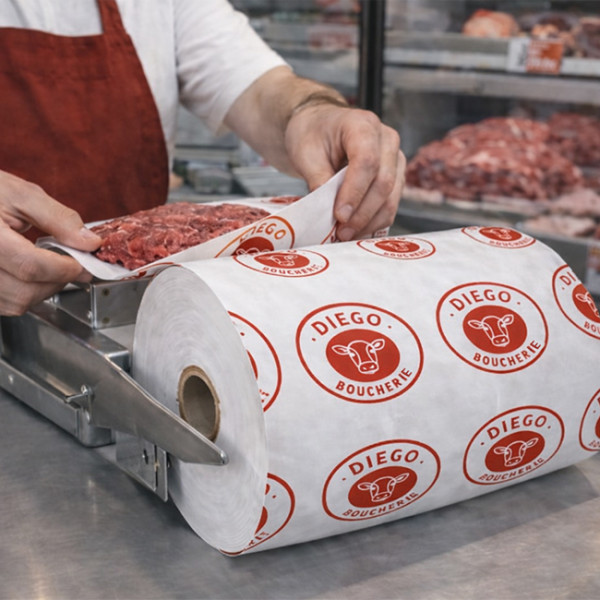 Bobines de papier thermoscellable personnalisables pour emballer viande boucherie