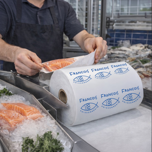 Poissonnier qui emballe poisson dans bobines de papier thermoscellable personnalisées  avec logo