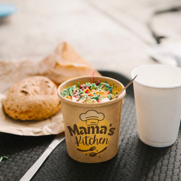 Plateaux repas avec pots en carton kraft avec personnalisation en couleurs