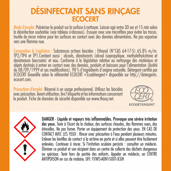 Mode d'emploi du détergent désinfectant sans rinçage Ecocert 17S003 Thouy