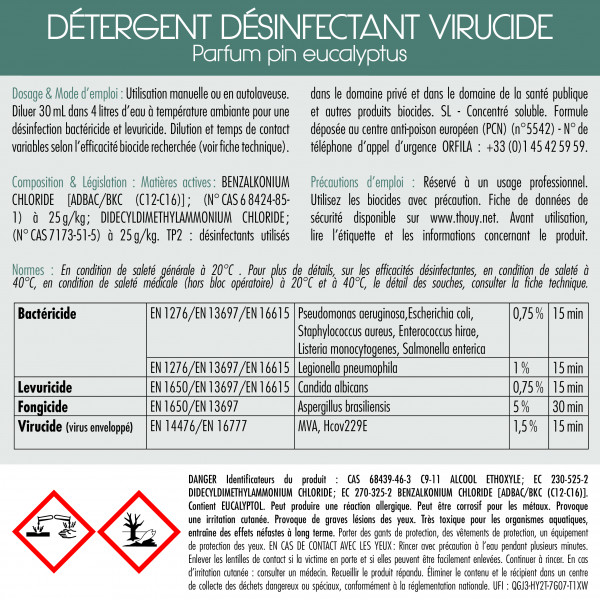 Etiquette Détergent désinfectant virucide parfum pin eucalyptus 5 L