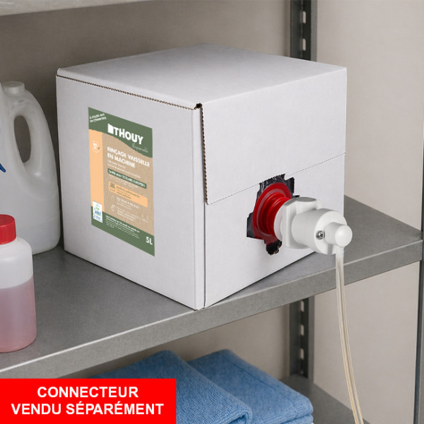 Bag in box en carton avec connecteur pour doseur lave-vaisselle professionnel