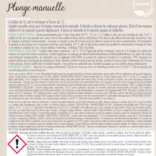 Plonge manuelle Ecolabel 5 L Lavage vaisselle main Savon blanc 200g désinfection mains