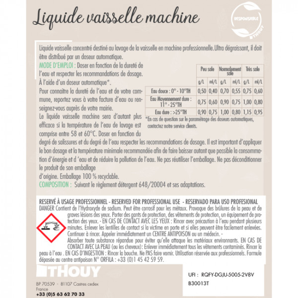 liquide vaisselle machine bidon 20 L ecolabel B30013T, liquide vaisselle machine professionnelle ecolabel 20 L, liquide vaisselle machine bidon 20 L ecolabel B30013T