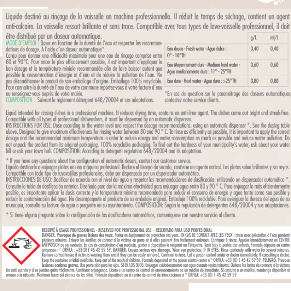 Liquide rinçage vaisselle machine professionnelle Ecolabel 5L.