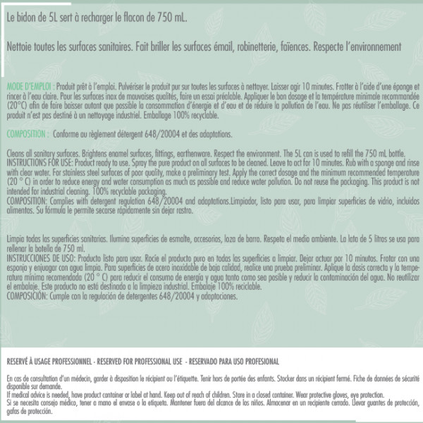 Détergent détartrant sanitaires Ecolabel 5 L - nettoyant sanitaire - Plonge manuelle Ecolabel 5L