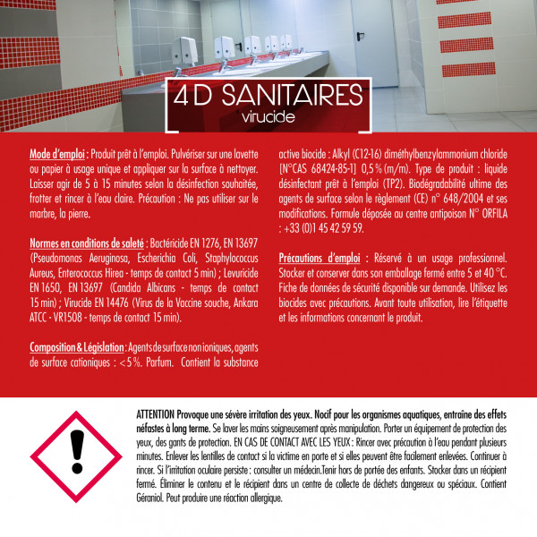 Spray détergent détartrant désinfectant virucide sanitaires 750 mL