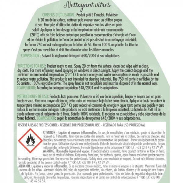 Spray nettoyant vitres Ecolabel 750 mL - Nettoyant écologique 5L pour vitres.