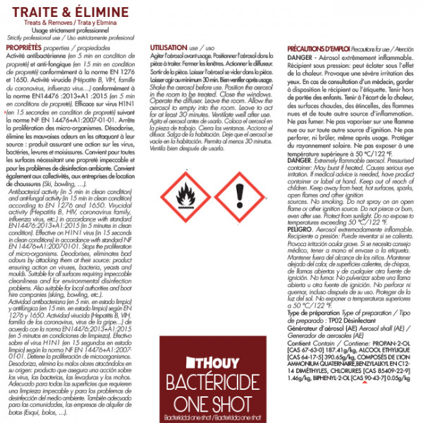 Bactericide One Shot Thouy Aerosol 150 ml - B50022, Assainisseur Bactericide Virucide Unidose Aerosol 150 ml, Bactericide One Shot Thouy Aerosol 150 ml - B50022.