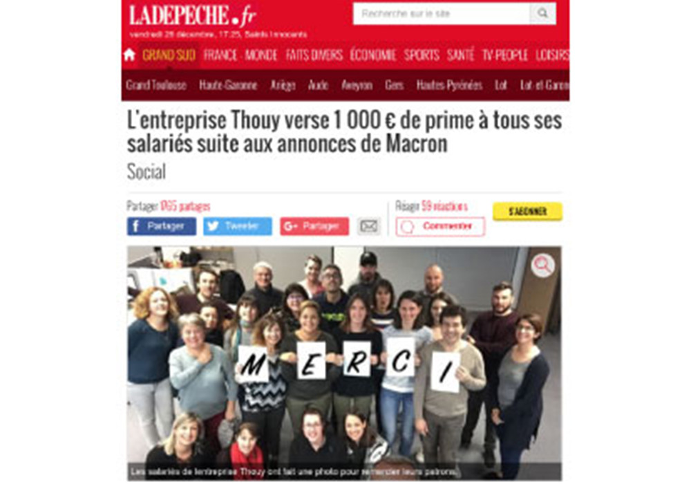 L'entreprise Thouy verse 1 000 € de prime à tous ses salariés suite aux annonces de Macron