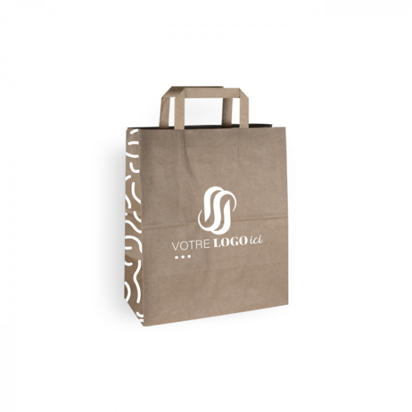 Sac cabas personnalisé en papier kraft 26 + 14 x 30 cm - Poignées plates - Impression jusqu'à 3 couleurs